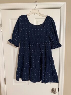 Navy Blue Tiered Dress with Subtle White Print